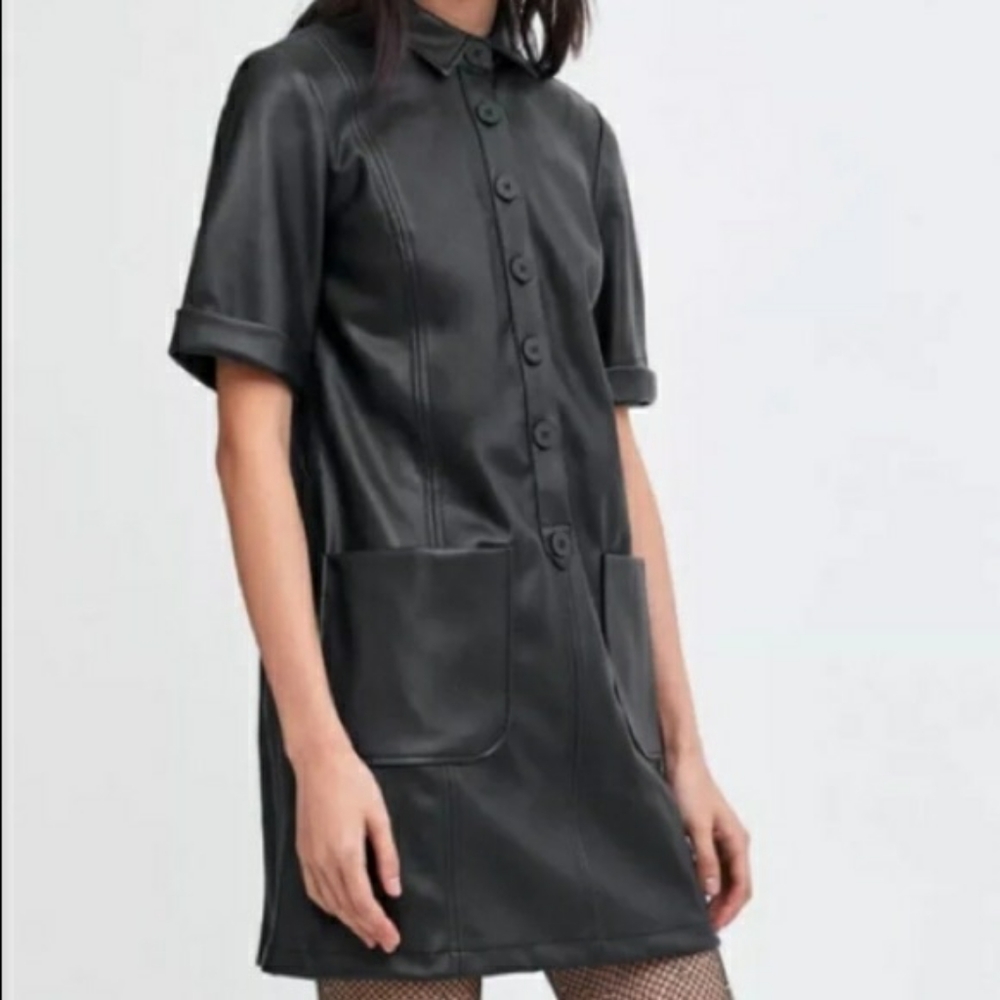 Zara trf Black Faux Leather Shirt Dress XS